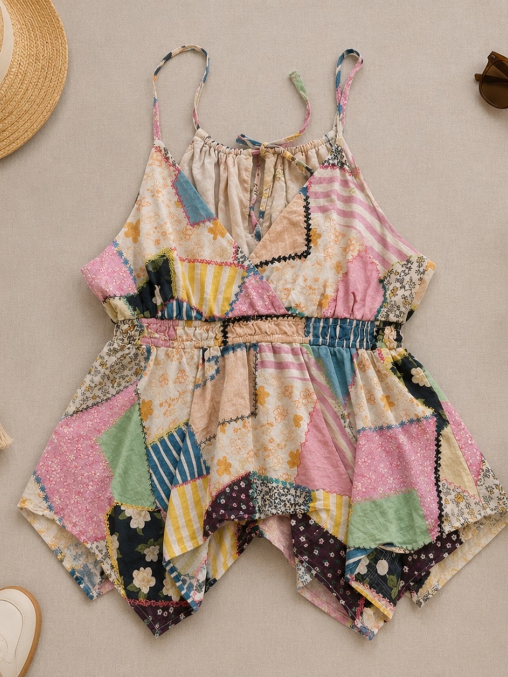Anthropologie Pilcro Patchwork Spaghetti Strap Mini Romper Boho Handkerchief new